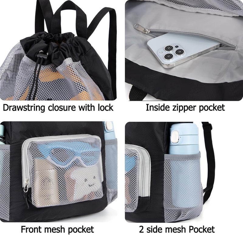 Veious Swim Bag for Kids Drawstring Backpack for Boys Lightweight Mesh Beach Backpack Swimming Pool Sports Gym String Bag Black - Image 4